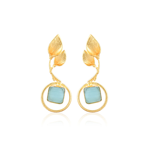Handmade Gold Plated Green Cat's Eye Gemstone Brass Earrings Trendy Fashion <b>Statement</b> Jewelry for Women - Product Image 1