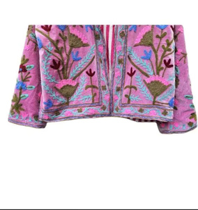Chaqueta MONIT MARKETING Hecha a Mano, Unisex, de Terciopelo Rosa con Bordado Floral, Transpirable, Estilo Boho Chic, con Cierre de Cremallera y Cuello Mao, Talla 25 - Product Image 4