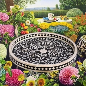 Wholesale Eco-Friendly Multi-Purpose Bone Inlay Round <b>Tray</b> Handmade <b>Black</b> White Floral Serving <b>Tray</b> Bulk Supplier - Product Image 6