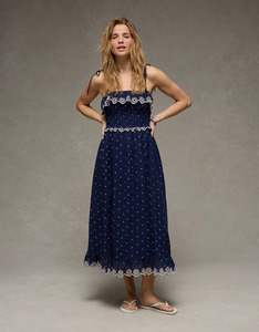 Women's Sweet Sleeveless Embroidered Boho Maxi Dress <b>Navy</b> Blue Folk Cotton Casual Eco-Friendly Washable Breathable Anti-Wrinkle - Product Image 2
