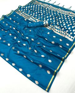 Sari de seda pura tejido a mano con borde con trabajo de tejido en oro puro y blusa de brocado, sari tradicional para fiestas. - Product Image 1