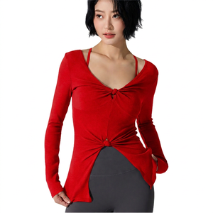 เสื้อโยคะแขนยาวสีม่วงสำหรับผู้หญิง ดีไซน์คอพันด้านหน้า ระบายอากาศได้ดี ทรงปกติ สีพื้น เสื้อกีฬา - Product Image 2