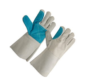 Leather Welding <b>Gloves</b> with Cotton Lined Blue Palm Reinforcement Inset Thumb Gray Cuff for TIG MIG Use - Product Image 4