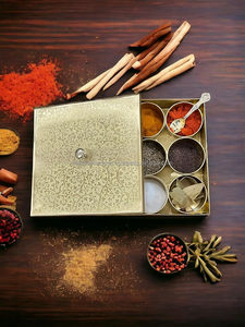 Handmade Golden Brass Square Masala Box for Spices Storage 9 Compartments with Embossed <b>Lid</b> 1 Spoon Pure Metal Masala Container - Product Image 2