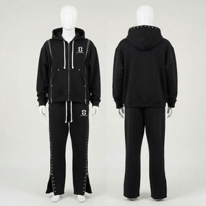 Conjunto de chándal de alta calidad personalizado, estilo streetwear, con lavado ácido, color liso, triple cremallera, sin estampado, con remaches, estilo hip hop, compuesto por sudadera con capucha y pantalones de chándal acampanados - Product Image 5
