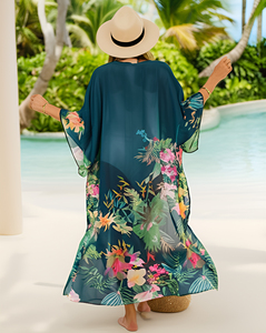Kimono Floral Tropical para cubrir la playa, traje de baño largo ligero para mujer, ropa de playa, caftán, Túnica Turquesa - Product Image 3