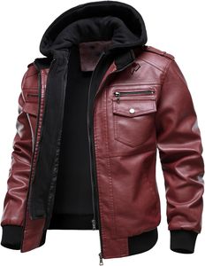 <b>Men's</b> Burgundy PU <b>Leather</b> Hooded Moto <b>Jacket</b> Zipper Front Slim Fit Autumn Style - Product Image 3