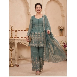 Ensemble haut palazzo et dupatta brodés de sequins pour femme, tenue ethnique élégante pour mariage - Product Image 1