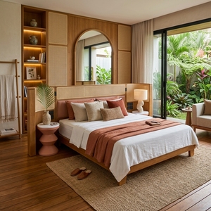 Base de Cama de Plataforma de Madera de Teca Sólida, Estilo Japandi Moderno, Tamaños King y Queen, Cabecero Tapizado, Mesitas de Noche Laterales de Ratán - Product Image 4