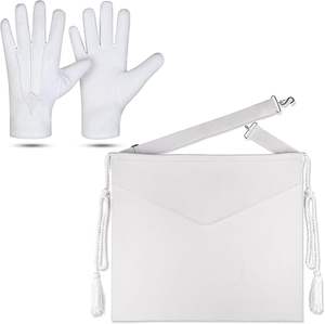 Delantal Blanco de Cuero Sintético para Aprendiz Masónico 14x16 con Borlas y Guantes Grandes de Algodón Bordado - Product Image 1