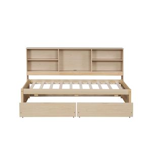 Struttura letto singolo con librerie laterali e due cassetti, porta USB integrata, colore naturale - Product Image 6