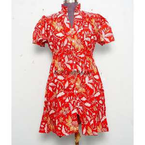 Vestido Mini de Mujer 100% Algodón Tejido, Cuello en V, Manga Corta, Cintura Alta, Estampado Floral, Estilo Boho, Lavable, para Oficina - Product Image 2