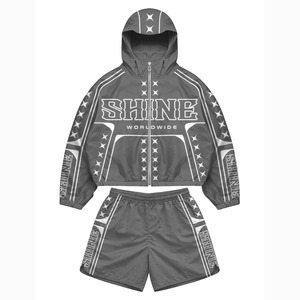 Premium 140 GSM Nylon Polyester Windbreaker Short Set Olive <b>Green</b> Red Panel Heat Transfer Logo Windbreaker Shorts Set for Men - Product Image 5