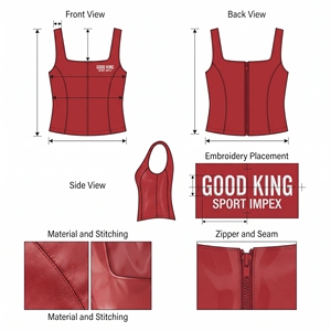 Débardeur en cuir rouge cerise pour femme, col droit, bretelles épaisses, sans manches, couture centrale, forme corset, logo brodé crème - Product Image 6