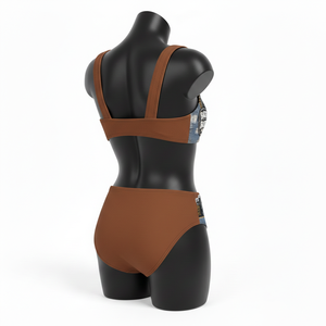 ชุดบิกินี่คุณภาพสูง 185 GSM ผ้าโพลีสแปนเด็กซ์สีน้ำตาล ผ้าเนื้อยืด แต่งผ้าเดนิมลายขาด ปักโลโก้ สำหรับผู้หญิง - Product Image 4