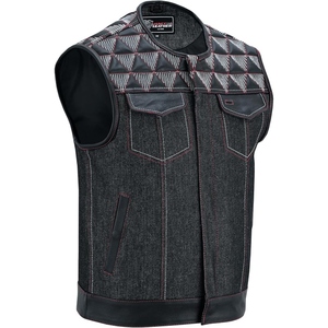 Gilet de motard personnalisé pour homme en denim noir et cuir véritable, avec encolure brodée style western, pour club de motards, fabricant OEM - Product Image 3
