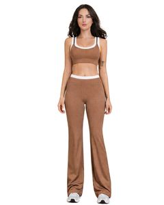 Ensemble de sport pour femme : soutien-gorge contrastant marron mocha et blanc et pantalon évasé taille haute extensible pour yoga, fitness, gym – Vente en gros OEM personnalisée - Product Image 1