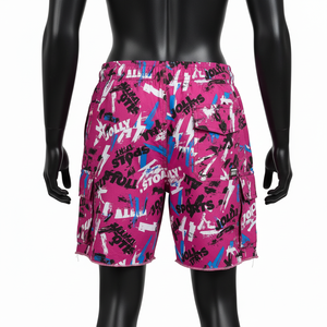 Shorts de Baño para Mujer en Felpa de Algodón y Poliéster Premium, Color Rosa con Estampado de Grafiti, Bolsillos Tipo Cargo, Logotipo Personalizado - Product Image 3