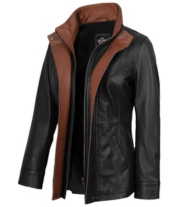 Veste d'hiver en cuir véritable pour femme, satinée, noire avec bordure marron, col rabattu, coupe ajustée, écologique, coupe-vent, pour moto - Product Image 2