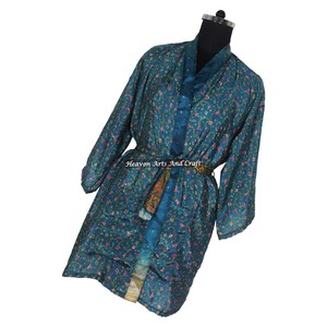 KS010 2026 Vintage Silk Sari Floral Print Short Vintage Sari Kimono Long Beach Cover Up Dress Ethnic Indian Maxi Bathrobe Dress - Product Image 6