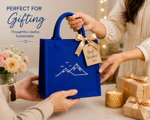 Petit sac fourre-tout en jute bleu avec fermeture éclair et poignées courtes - Product Image 4