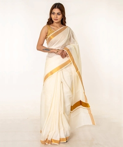 Sari Kelera de Algodón Puro, Sin Arrugas, de Secado Rápido, para Mujer, Tradicional, para Boda, Étnico Indio, Largo hasta el Suelo, con Borde Dorado, Regular - Product Image 3