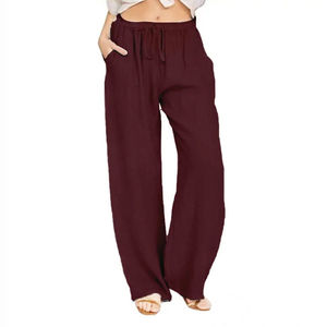 Pantalon large gris en lin et coton pour femme, taille mi-haute avec cordon de serrage, coupe ample, longueur pleine, décontracté, couleur unie, idéal pour l'été – Meilleur prix - Product Image 2