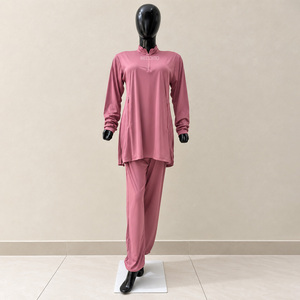 Women Pink Mandarin Collar Long Sleeve Loose Fit Knitted Blouse Set With Pockets Full Length Pant Casual All Seasons Modest Wear - Product Image 1