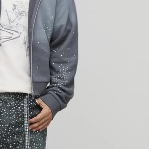 Sweat à capuche zippé surdimensionné en molleton de coton délavé à l'acide, effet soleil, avec strass, personnalisable avec logo, style streetwear, pour hommes, vente en gros - Product Image 2