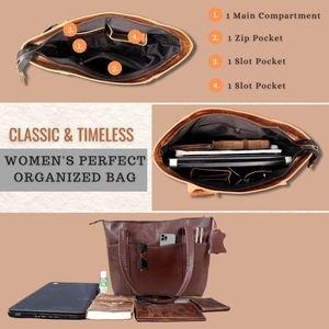 Sac fourre-tout vintage en cuir véritable marron de haute qualité pour femme avec fermeture éclair et ouverture, doublure en toile toutes saisons, usage quotidien - Product Image 5