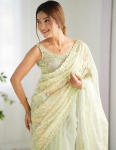 KV Women's <b>Net</b> <b>Light</b> Green Embellished Designer Saree With Unstitched Blouse - Product Image 1