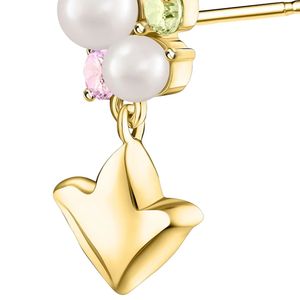 Boucles d'oreilles pendantes en perles blanches et or avec accents de cristaux verts et roses, motif feuille de lierre, design élégant pour femme - Product Image 4