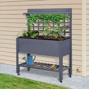 Gray Wooden <b>Planter</b> <b>Box</b> with Trellis Storage Shelf Raised Garden Bed and Wheels Hanging Baskets & Accessories - Product Image 2