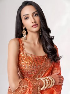 Rivaayat House <b>Orange</b> Floral Print Organza Floor-Length Traditional <b>Saree</b> with Blouse Padded Wedding Festival Wear for Women - Product Image 5