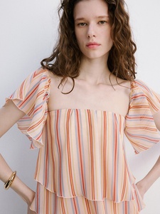 เสื้อผู้หญิงลายทางเปิดไหล่ แขนระบายเป็นชั้นๆ ผ้าชีฟองสีพาสเทล เสื้อกล้าม ผู้ผลิตเสื้อผ้า - Product Image 6