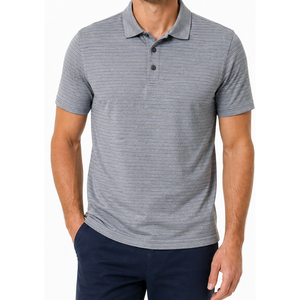Polo pour homme gris chiné et bleu à fines rayures horizontales, manches courtes, col classique, personnalisable, respirant, pour le golf - Product Image 1