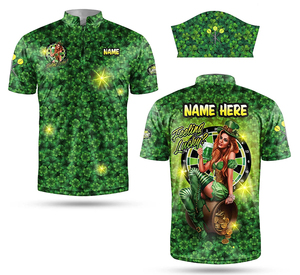 เสื้อกีฬาแขนสั้นคอซิปแบบสั่งทำพิเศษ พิมพ์ลายสามใบโคลเวอร์สีเขียวด้านหน้า สำหรับทีม  งานวันเซนต์แพทริก - Product Image 1