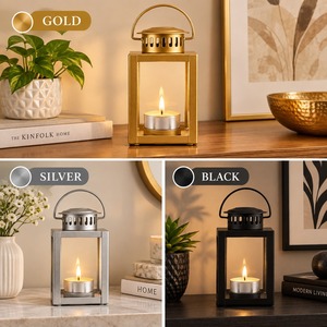 <b>Black</b> Steel <b>Lantern</b> <b>With</b> Tealight <b>Candle</b> Holder Portable Home Decoration - Product Image 5