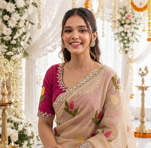 Sari de Seda Indio Tradicional AARA Fashion, Color Beige con Bordado Floral, Blusa Rosa, para Boda, Largo hasta el Suelo, Corte Regular, Protección Solar - Product Image 5