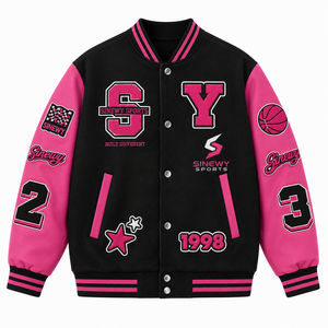SINEWY SPORTS <b>Men's</b> Black Pink Varsity <b>Jacket</b> Embroidered Letterman Baseball Style Casual Outerwear - Product Image 2