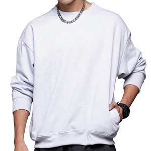 <b>Mens</b> Blank <b>Sweatshirt</b> <b>White</b> French Terry Side Pockets Drop Shoulder Crewneck Pullover Manufacturer - Product Image 1
