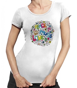 T-shirt en coton slim fit pour femme, imprimé logo Peace Love Music, col rond, manches courtes, en jersey décontracté, imprimé numérique - Product Image 1