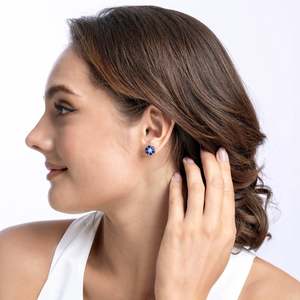 Natural <b>Blue</b> Sapphire Diamond Flower <b>Stud</b> <b>Earrings</b> 14Kt White Gold Round Gemstone Cluster <b>Studs</b> Screw Back Wholesale - Product Image 2
