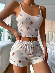 Ensemble de détente côtelé à imprimé floral pour femme, caraco et short, vêtements de nuit, tenue décontractée d'été, mélange polyester/coton, taille élastique, respirant - Product Image 3