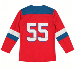 Maillot de hockey sur glace personnalisé rouge, bleu et blanc, col en V, manches longues, numéro d'équipe, respirant, uniforme pour hommes - Product Image 5