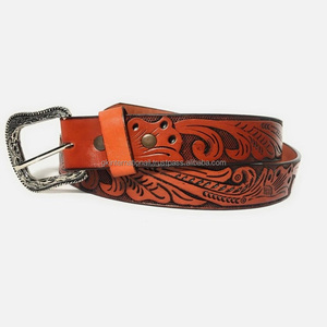 Cinturón de herramientas de cuero occidental de moda para hombre con relieve floral tallado a mano genuino, cinturón de vestir con hebilla de diseñador de latón antiguo - Product Image 3