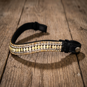 Diadema de cuero de lujo con cinco filas de cristales dorados decorativos, elegante accesorio de brida inglesa con pedrería para caballo. - Product Image 3