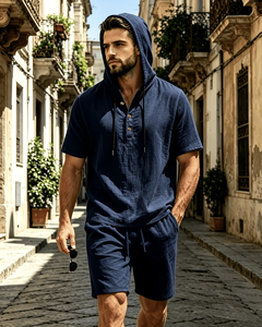 Men's Cotton Hooded Short Sleeve Shirt Set Solid Color Casual Summer Breathable Woven Quick Dry 120g 2pcs Made Bangladesh High - Product Image 1