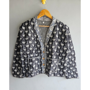 เสื้อแจ็คเก็ตผ้าฝ้ายแบบกลับด้านได้ ลายพิมพ์บล็อกทำมือ ลายดอกไม้ เสื้อโค้ทผู้หญิง สำหรับฤดูใบไม้ร่วงและฤดูหนาว ของขวัญสำหรับเธอ - Product Image 1