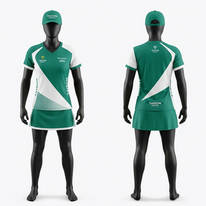 Uniforme de tennis pour femme en polyester et élasthanne respirant, 160 GSM, de qualité supérieure, avec design géométrique en panneaux teal, impression par sublimation, logo personnalisé - Product Image 6